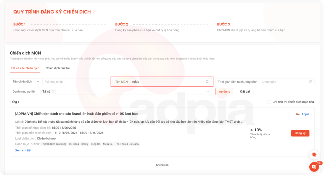 Quy trình đăng ký chiến dịch Adpia